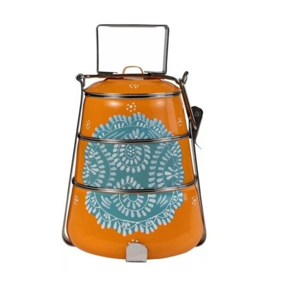 Ten Thousand Villages 3 Tier Steel Tiffin To Go Container Lunch Box Orange